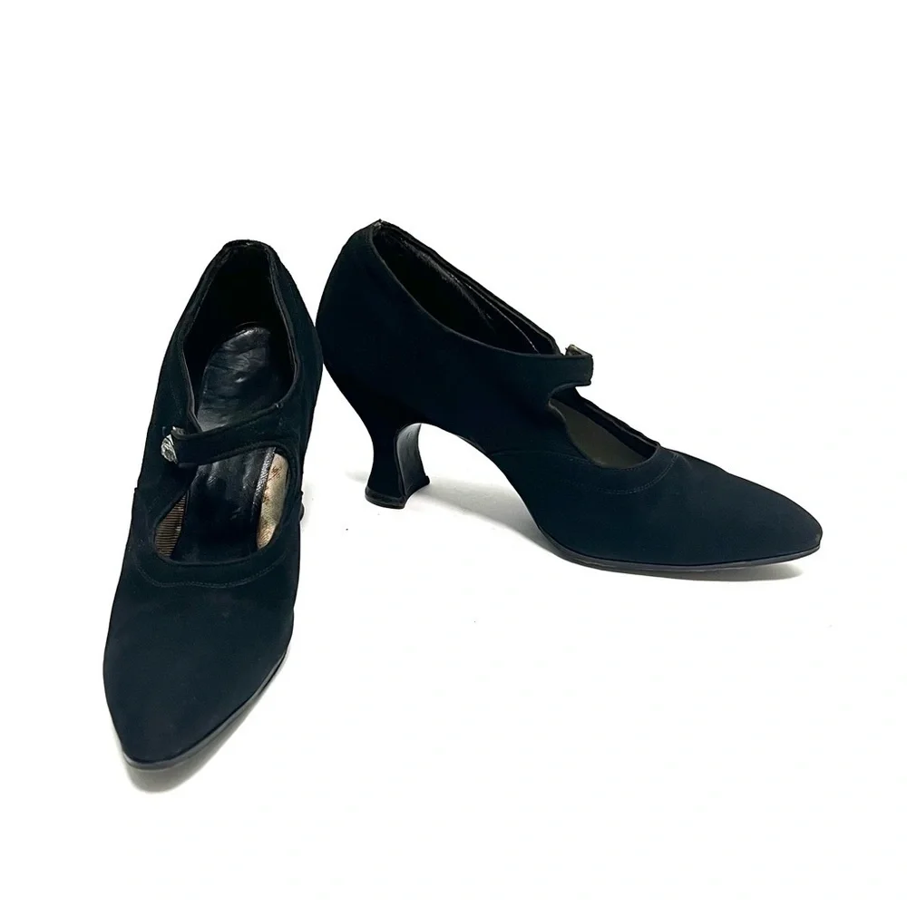 Vintage 1940s black suede pointed toe rhinestone button Mary Jane heels